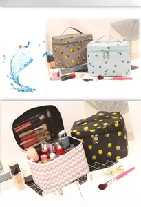 Detail of portable waterproof makeup bag with floral print and large interior storage