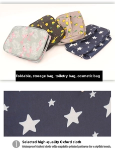 Detail showing various patterns of waterproof travel makeup bags in a folded view