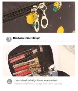 Detail of lemon pattern makeup bag showing double metal zippers and mesh brush pockets