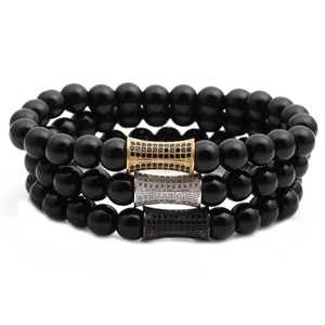 Bracelets triple couche en perles noires pour hommes avec accents dorés, argentés et noirs