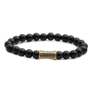 Men's black beaded bracelet with gold skull cylinder and micro-set zircon accents