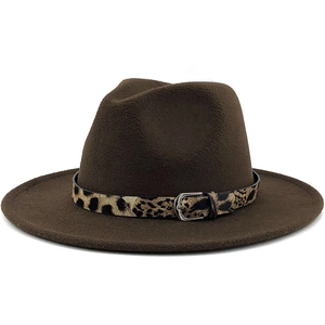 Detailed view of leopard print belt and silver buckle on dark brown wool fedora hat
