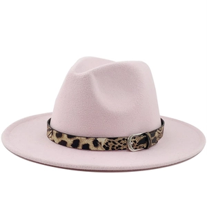 Detailed view of the leopard print belt and metal buckle on the pink wool fedora hat