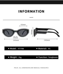 Detailed size chart for cat eye sunglasses showing PC frame dimensions and 31g weight