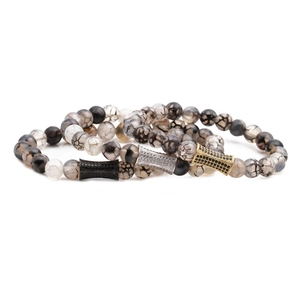 Three-piece dragon vein agate beaded bracelet set with micro-paved metal cylinders for men and women