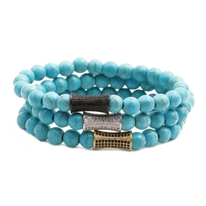 Three-piece turquoise beaded stretch bracelet set with micro-pave rhinestone tube accents