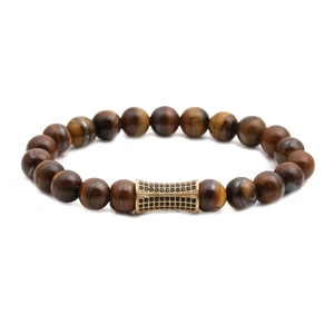 Tiger eye beaded bracelet for men with a golden micro-pave lion head charm accessory