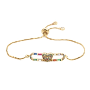 Adjustable gold heart bracelet with colorful cubic zirconia and sliding box chain design
