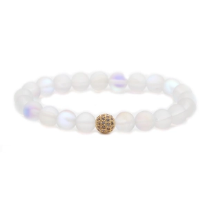 8mm iridescent moonstone beaded bracelet with a golden micro-pave zircon sphere