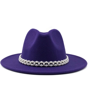 Elegant deep purple wool fedora hat for women with a luxury white pearl band decoration