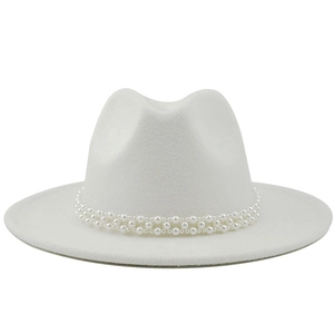 Detail view of white wool fedora hat featuring elegant double-layer pearl embellishment
