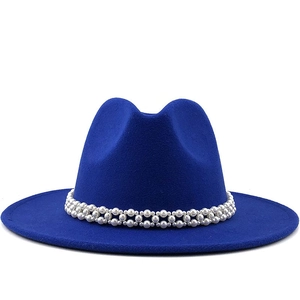 Elegant navy blue wool fedora hat with a luxurious white pearl decorative band