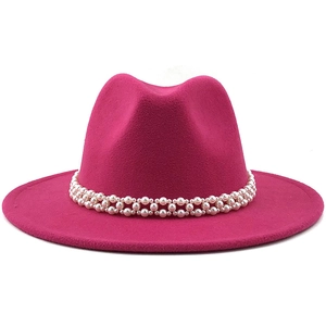 Detailed view of fuchsia wool jazz hat featuring a double-row pearl decorative band