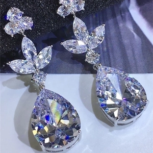 Elegant silver-plated teardrop zirconia drop earrings for women with floral cluster design