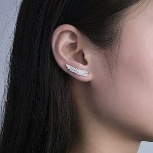 Elegant silver feather ear crawler earrings with pavé cubic zirconia for women