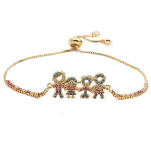 Adjustable gold plated copper bracelet with colorful zircon four-member family charm