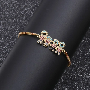 Adjustable golden bracelet featuring family figures with colorful micro-pave cubic zirconia