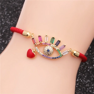 Bohemian evil eye red braided bracelet with heart charm and multicolor crystals