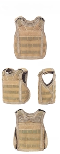 Miniature khaki tactical beverage vest with MOLLE system and nylon detail shown in four views