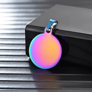 Polished round rainbow titanium steel pendant with metallic gradient finish and jump ring