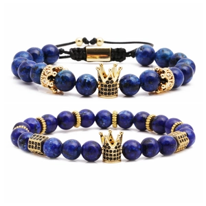 Blue Imperial Jasper bead bracelets with golden crown accents and black micro-zirconia stones