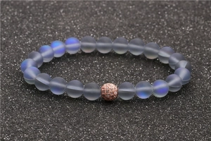 Moonstone beaded bracelet with grey-blue matte beads and rose gold pavé crystal charm