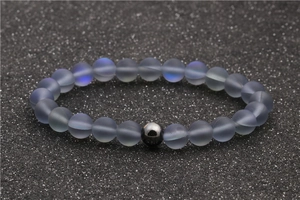 Moonstone and hematite beaded bracelet for men and women with grey iridescent frosted beads