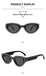 Front and side view of cat eye sunglasses with black frames and silver trim detail