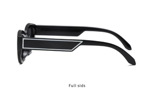 Side view of black cat-eye sunglasses with thick temples and silver rectangular trim