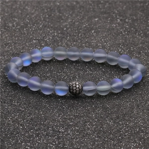 Matte moonstone bead bracelet with iridescent blue purple glow and black pavé crystal ball