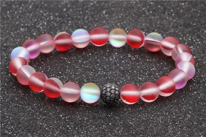 8mm Red frosted and moonstone beaded bracelet with black micro-pave crystal ball