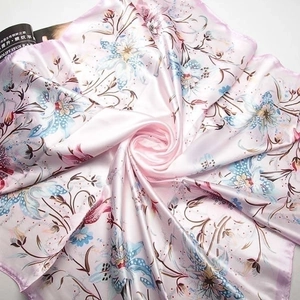 Pink floral satin square scarf with elegant blossom print and silky glossy finish