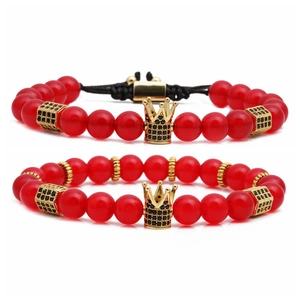 Agate Tiger Eye Crown Beaded Bracelet Set with two red and gold woven strand bracelets
