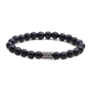 Faceted blue sandstone beaded bracelet with micro-pave zircon cylinder focal bead