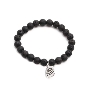 Lava stone bead bracelet with a silver lotus charm pendant for men and women