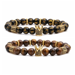 Natural Tiger Eye Stone Beaded Bracelets Handmade Copper Crown Zirconia Charm Elastic Bracelet Jewelry For Men Women