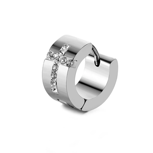 Polished stainless steel huggie earrings featuring a cross pattern with clear cubic zirconia