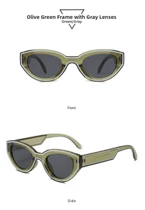 Detail of olive green cat eye sunglasses with white edge lines and gray lenses