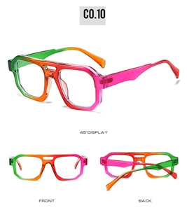Multiple views showing double-bridge irregular frame sunglasses with tricolor gradient lens