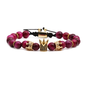 Handmade tiger eye beaded bracelet with gold crown charm and adjustable black cord