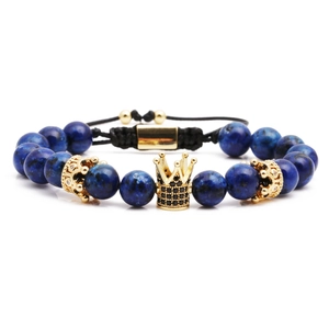 Tiger eye and emperor stone beaded bracelet with golden crown for men and women