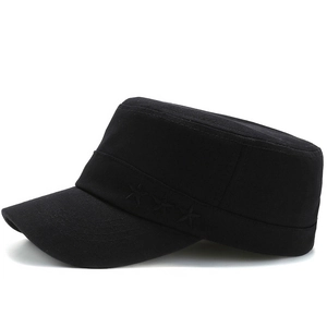 Black cotton cadet cap with embroidered stars on the side in a military style