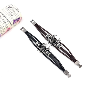 Men's retro braided leather bracelets with metal spider charms in black and brown