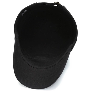 Black 100% cotton military flat top cap with short brim and adjustable strap closure