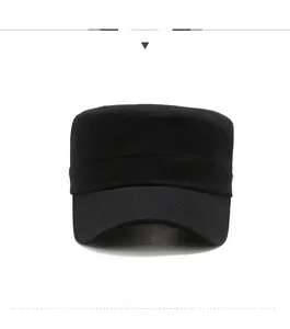 Detailed front view of black flat top military cap with embroidered star and stitched brim