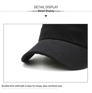 Detail shot of black cotton cap brim with reinforced stitching and interior lining