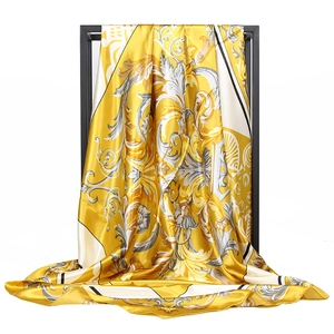 Baroque floral print silk satin scarf in yellow and ivory white 90cm large square hijab