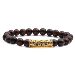 Tiger eye beaded bracelet with gold hollow cylinder charms and black rhinestones for men and women
