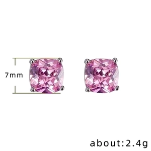 Pink square-cut zircon earrings with 7mm side length and silver four-claw setting
