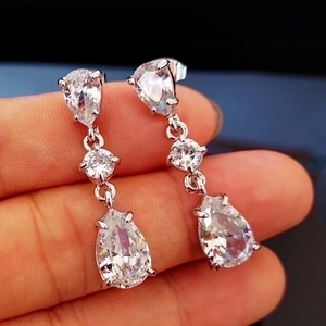 Exquisite silver-tone teardrop zircon drop earrings with triple pear and round cut stones